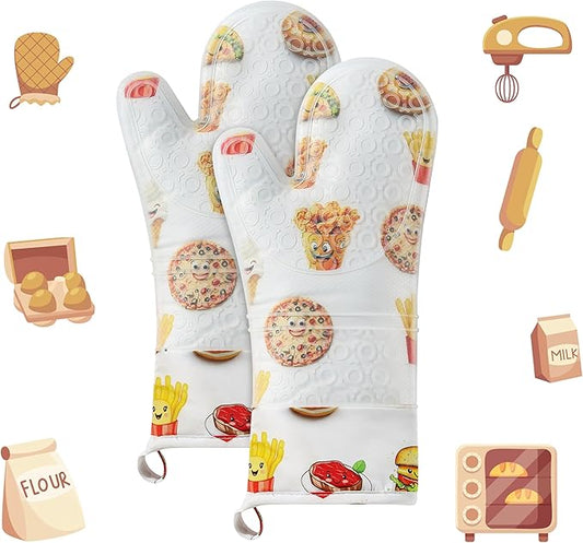 2PCS Oven Mitts, Silicone Kitchen Oven Mitt, Heat Resistant Oven Baking Gloves for Cooking, Grilling, BBQ (14inch, Stylish Design)